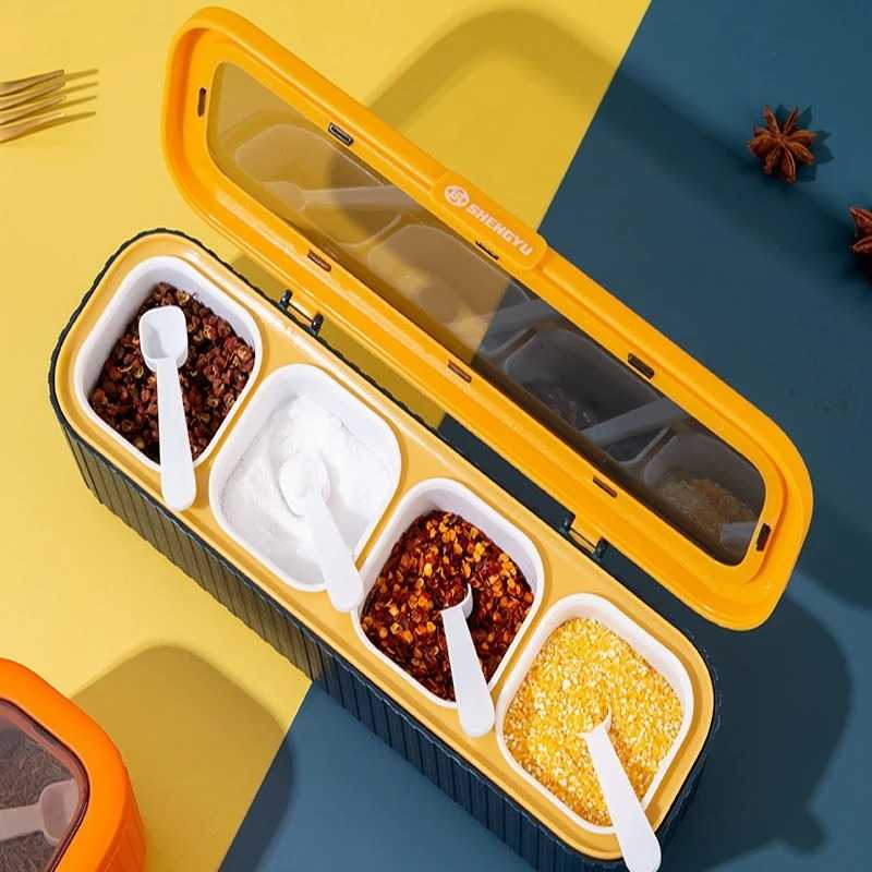 Four-Compartment Kitchen Seasoning Box Set with Spoon – Multi-Function Spice Organizer