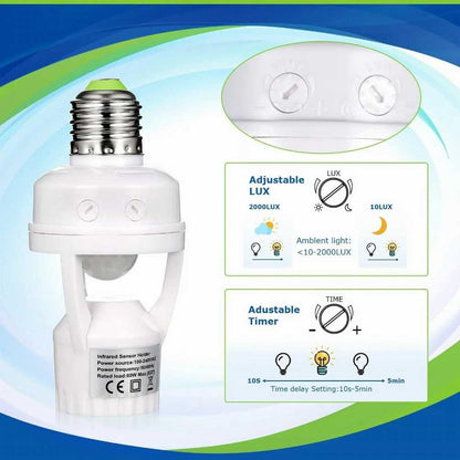 360° Motion Sensor Light Socket – E27 Screw-In, Adjustable Settings